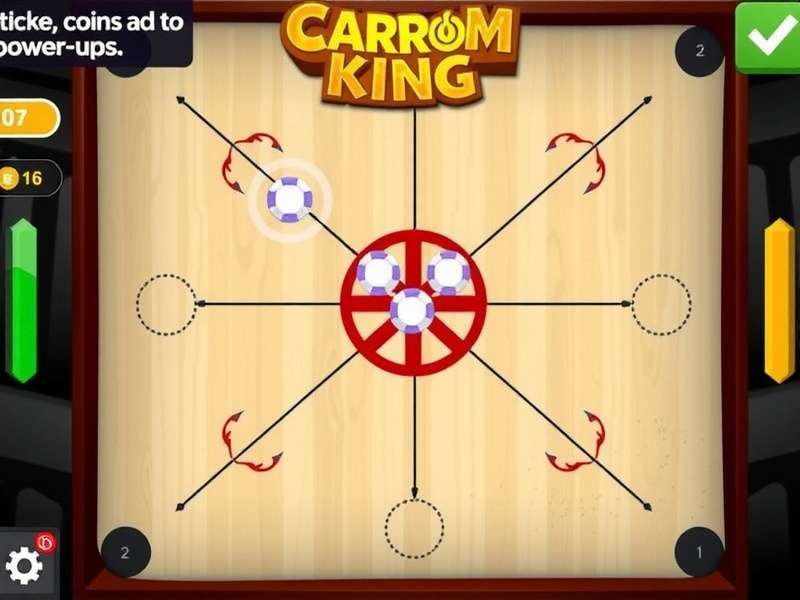 Carrom King Gameplay Interface Showing Striker, Coins, and Power-Ups